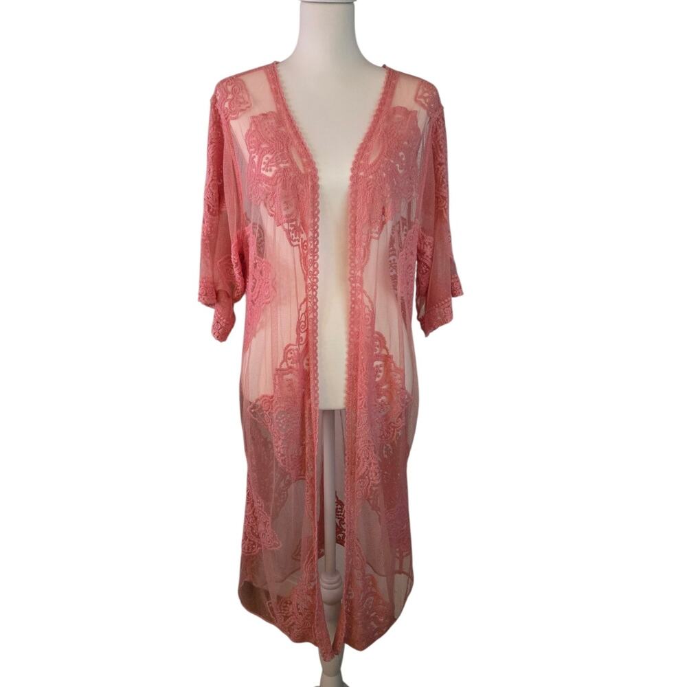 Whimsical Fairy Lace Mesh Kimono S/M Pink Sheer Boho Feminine Flowy Layering